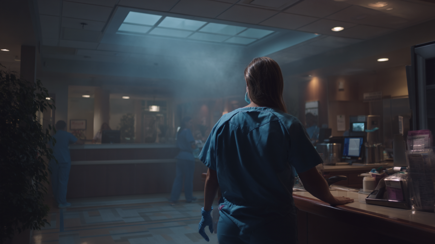 Healthcare frontline worker moving through a quiet, dimly lit hospital corridor