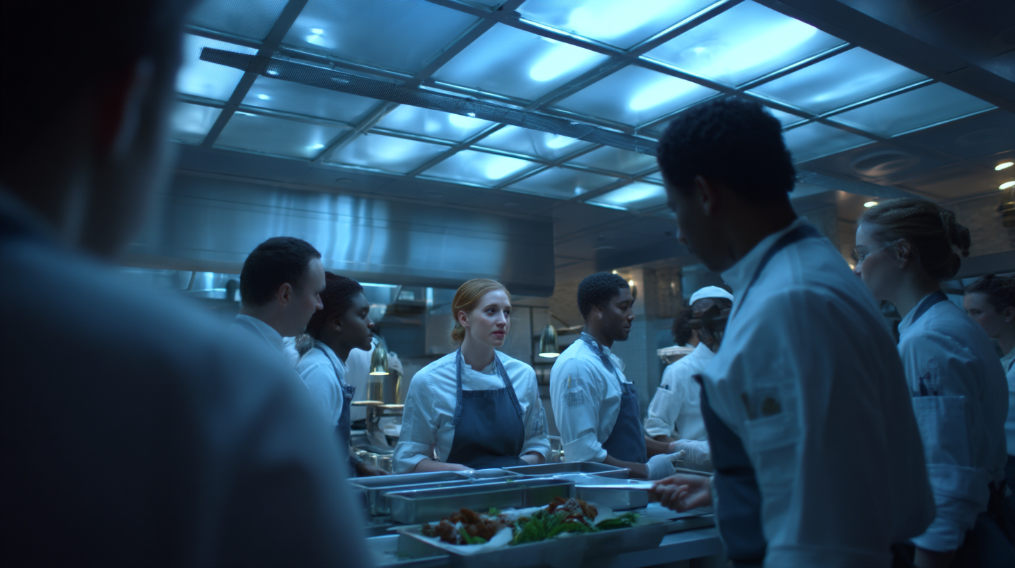 Frontline kitchen team coordinating calmly during a busy service