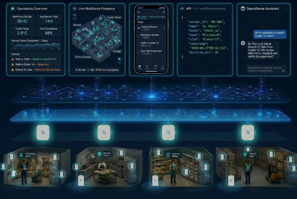OperaSense platform architecture — connected devices, edge gateways, operational memory, intelligence engine and applications